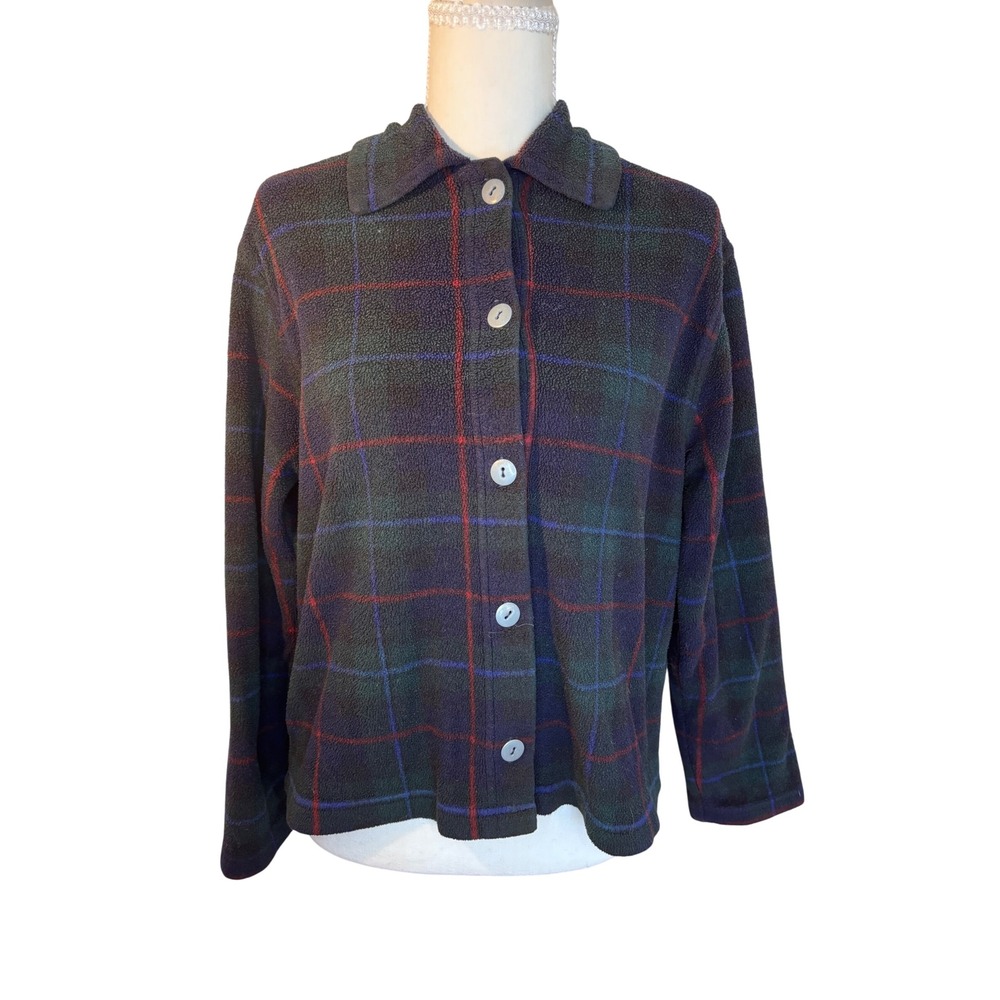 Talbots Navy Green Plaid Fleece Button Up Gorpcore Cabincore Fall Jacket Women S